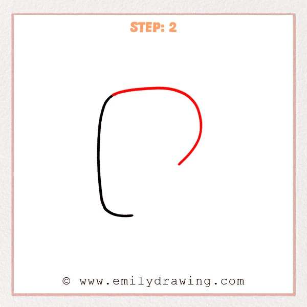 how to draw a bubble letter r - Step 2 of an easy step-by-step drawing tutorial for a bubble letter r, adding a rounded top bowl that curves right and starts to come back down.